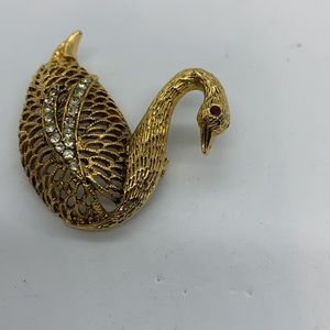 Vintage Gold-Tone Swan Brooch Rhinestones Red Eye